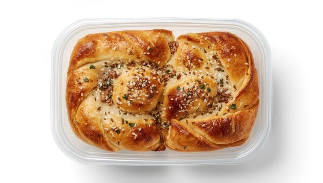 Baked Sweet Pastry Twisted Roll Topped with Seeds in a Clear Container