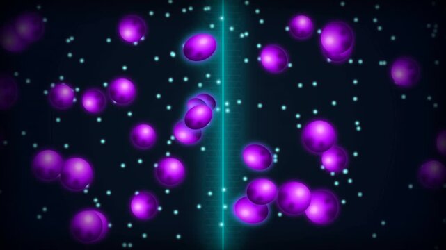 Abstract Semipermeable Membrane: A digital 3D animation illustrating cellular diffusion, featuring glowing purple spheres representing molecules interacting with a bright, vertical neon cyan line that