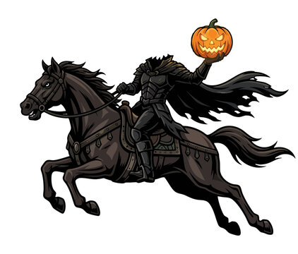 A headless horseman figure carrying a Halloween pumpkin.