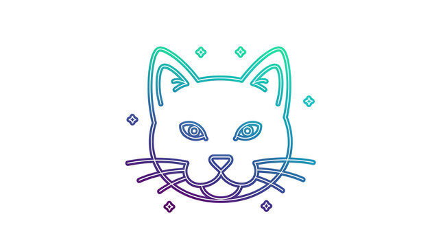 Stylized line art cat face with a gradient outline, surrounded by sparkles, cute and modern icon