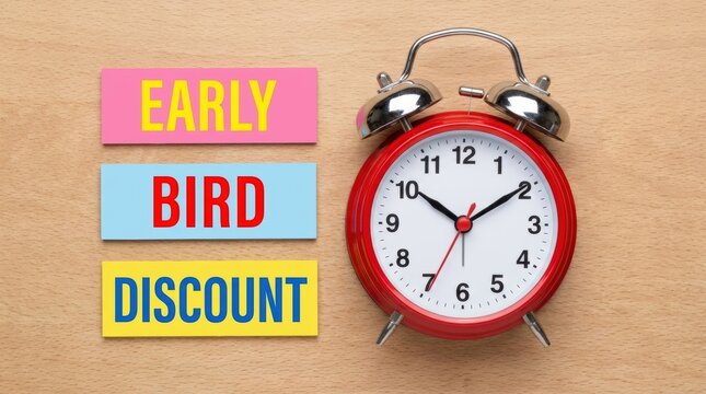 Early bird discount concept with alarm clock and colorful blocks.