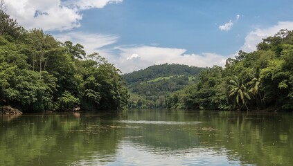 Fototapeta premium Lush Green Forest Reflections on Calm River Under Bright Blue Sky