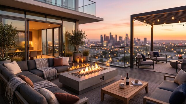 luxury rooftop terrace modern penthouse balcony city skyline view outdoor patio furniture contemporary fire pit sunset urban view lounge seating area glass balcony railing