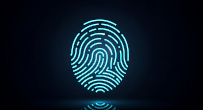 Glowing neon blue fingerprint icon on a dark background, digital security concept.