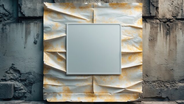 Template for a wrinkled white poster featuring a wheat paste mockup of a textured wall made of pasted paper, with a blank sticker mockup and advertising on a translucent, bonded canvas.
