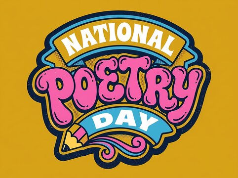 National Poetry Day Colorful Badge With Pink Lettering And Pencil