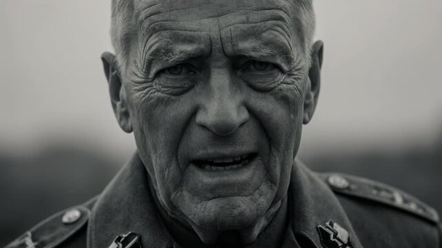 Close-up of an elderly soldier with a stern expression. Intense portrait of a veteran in a vintage military uniform. World War II historical character study