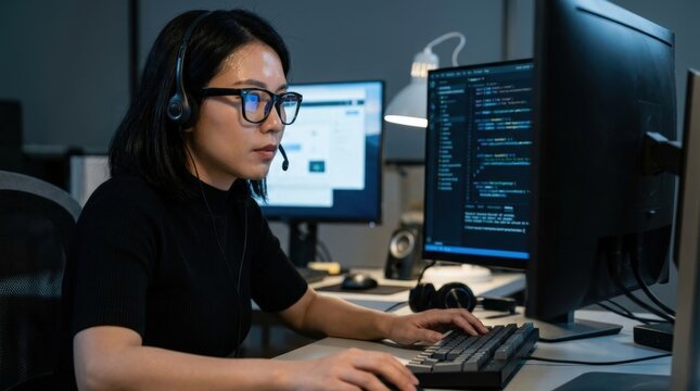 Focused woman wearing headset working late at computer coding in dark office.