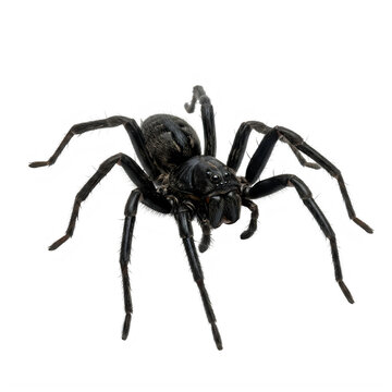 Black funnel-web spider macro photography, venomous arachnid with shiny exoskeleton, dangerous Australian spider species isolated on White Background Halloween