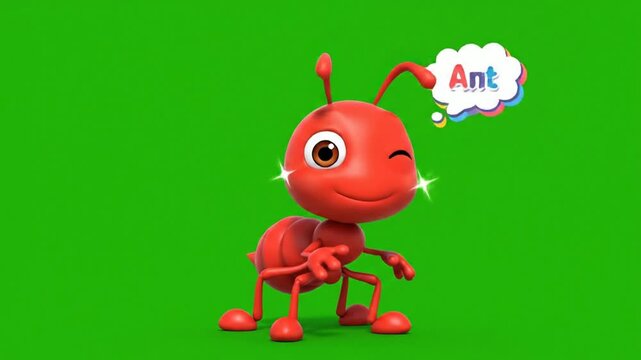 Cute 3D cartoon red ant character winking and smiling on a green screen background