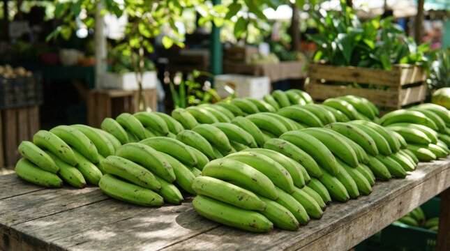 Fresh Green Bananas Displayed on a Rustic Wooden Market Stall.
