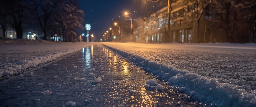 Snowy Street at Night with Reflections and Streetlights