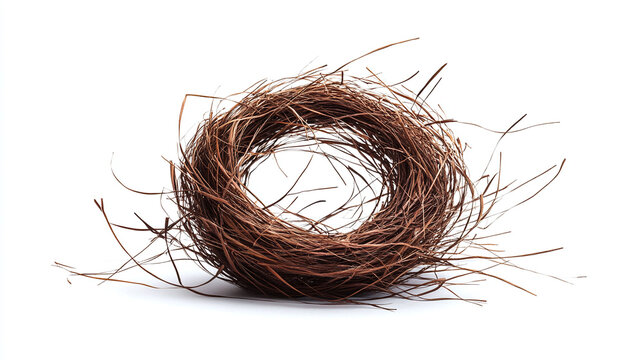 Top view of a natural empty bird nest made of dry twigs, isolated on a pure white background with soft shadow beneath.