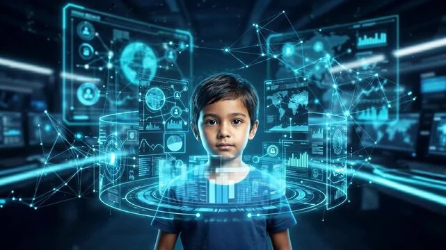 Asian boy standing surrounded by holographic digital screens displaying global networks data charts and security icons. Child exploring futuristic cyber