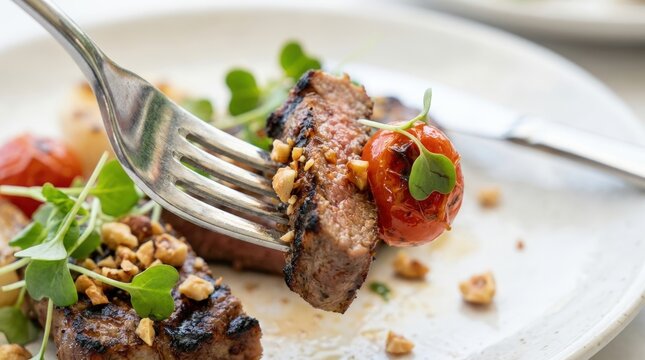 Gourmet steak dish with fresh greens and cherry tomatoes on a white plate.