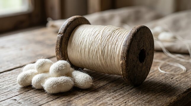 Vintage wooden spool with silk thread and raw silkworm cocoons