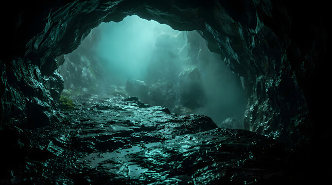 Interior of dark rocky cave with glowing teal light.