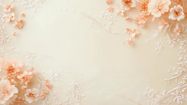 Peach blossoms and white lace branches on a cream background. Romantic floral frame with copy space. Elegant wedding and bridal concept