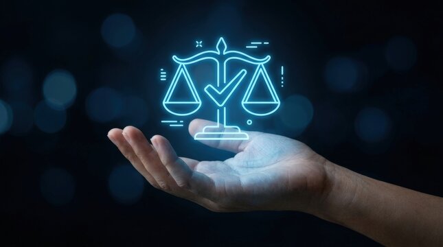 Hand holding glowing neon scales of justice symbol with checkmark.
