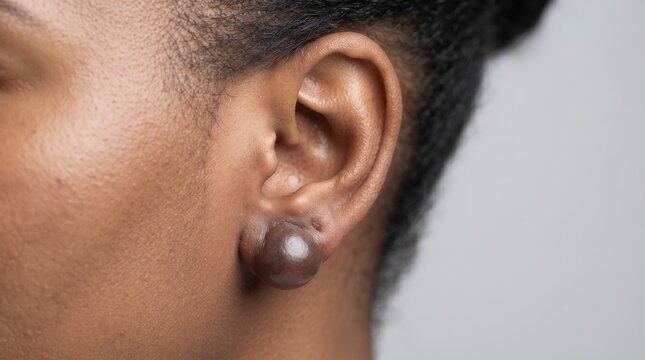 Close up of a large keloid scar on the earlobe of a dark skinned person after ear piercing