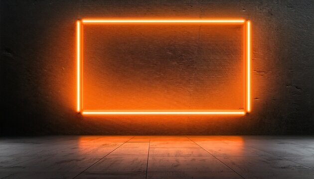 modern interior with glowing orange neon frame on concrete wall