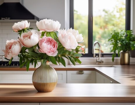 a stylish kitchen countertop featuring a vase with peonies and greenery