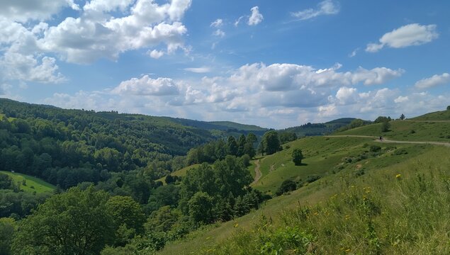 Lush Green Hillside Landscape Under a Blue Sky with White Clouds
