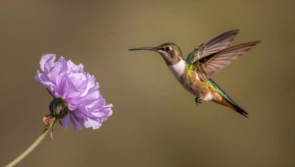 Fototapeta premium Hummingbird Hovering Near a Pink Flower in Soft Natural Light