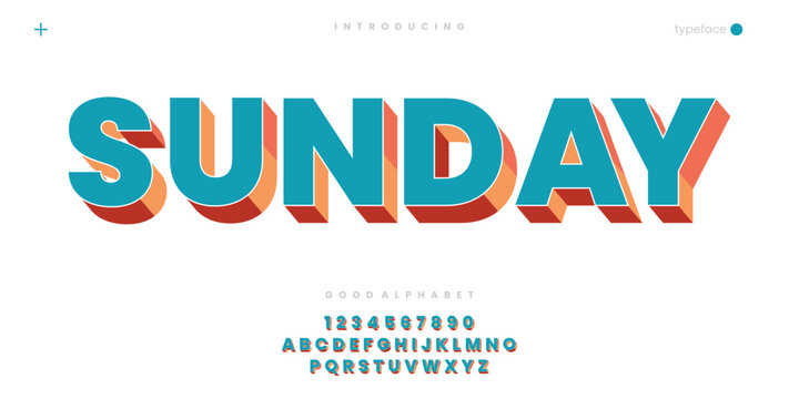 Sunday futuristic minimalist display font design, alphabet, typeface, letters and numbers, typography.