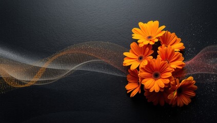 Obraz premium Bright Orange Flowers Arranged on Dark Background with Colorful Swirls