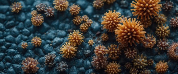 Fototapeta premium Orange Coral-like Structures on Dark Ocean Floor Closeup