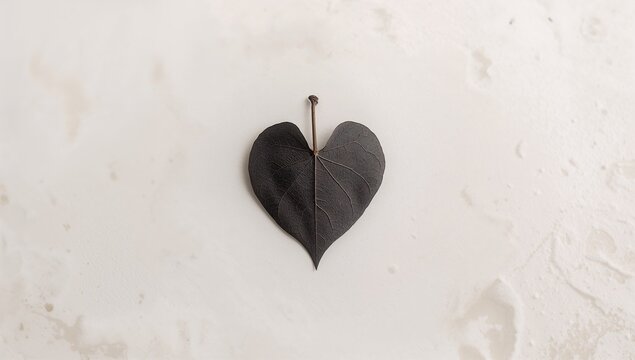 Black Leaf Shaped Like a Heart Isolated on Light Background