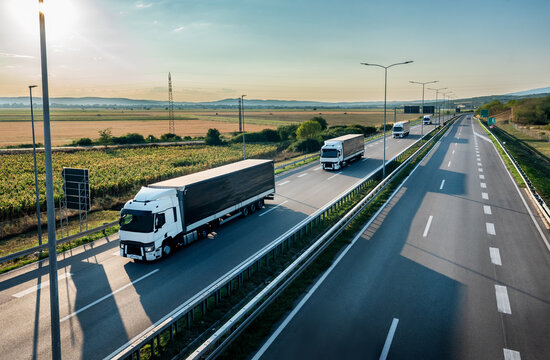 Convoy of white Trucks with containers on highway, cargo transportation concept in springtime - freight service