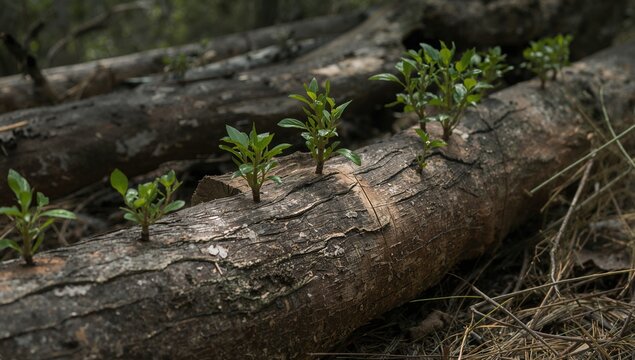 New Growth Sprouting on a Fallen Log in a Forest Setting