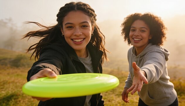 Playing front teen holding neon green frisbee in hazy park, wearing jacket, hoodie and hoops