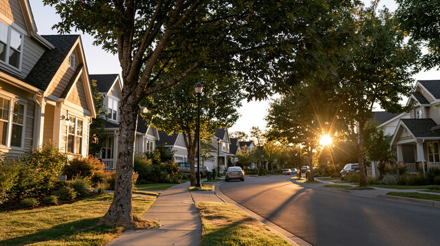 Tree-lined residential street with detached houses and sidewalks illuminated by warm evening sunlight in a peaceful suburban neighborhood.
