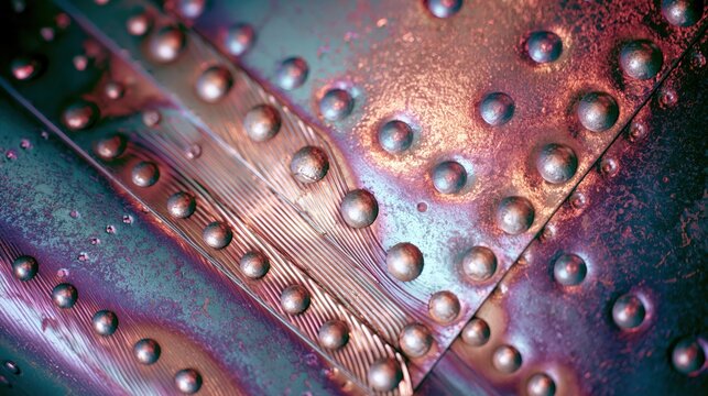 Riveted metal panels display iridescent oxidation patterns.