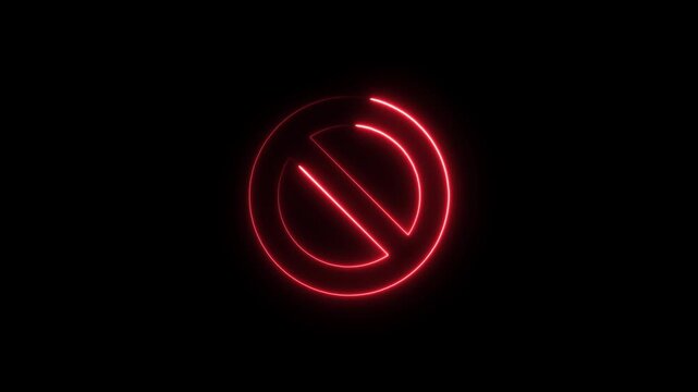 Glowing red neon prohibition circle symbol isolated on a black background for warning signs or restricted access indicators in digital media projects