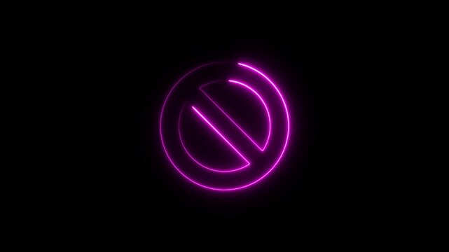 Glowing neon purple prohibition circle symbol isolated on a black background for warning signs or restricted access indicators in digital media projects
