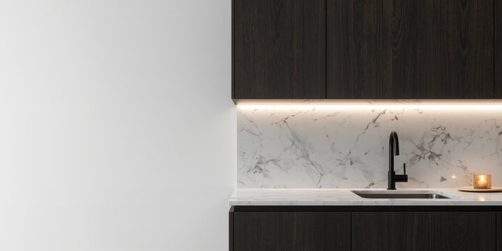 Modern Kitchen with Dark Wood Cabinets and Marble Backsplash in Minimalist Design