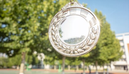 Fototapeta premium Hanging silver medal catching sunlight at park plaza, with laurel-wreath detail and lens flare