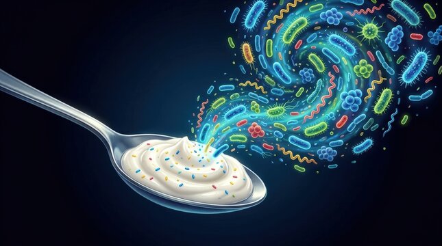 Microscopic organisms swirling out of a spoon of creamy food.