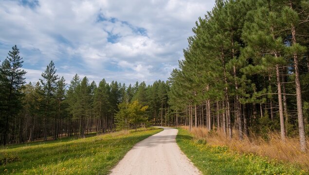 Winding Dirt Road Through a Pine Forest Under a Cloudy Sky