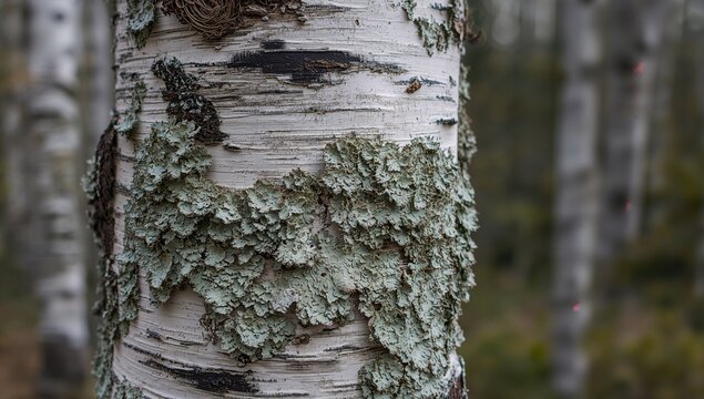 Closeup of Birch Tree Bark with Lichen in a Forest Setting