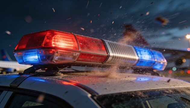 Flashing red-blue emergency lightbar glowing on wet patrol roof at airport apron, with droplets