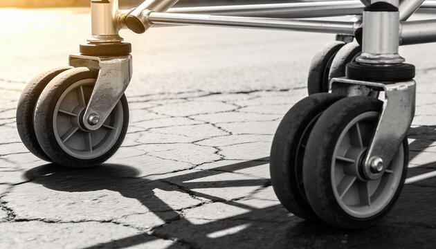 Casting long shadows, twin caster wheels and chrome cart rolling on cracked asphalt, lens flare