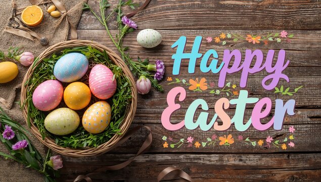 Easter Eggs in a Basket with Flowers on a Wooden Table with Festive Greeting