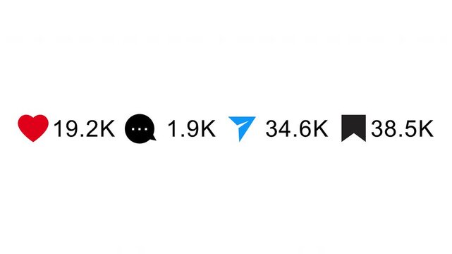 Social media like love comment share and bookmark icon with on alongside counter, insight, engagement notification counter, growth social media on transparent background, 4k video