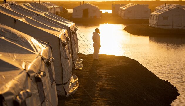 Standing person in white hooded protective coverall on berm by water, tents, guy ropes, copy space