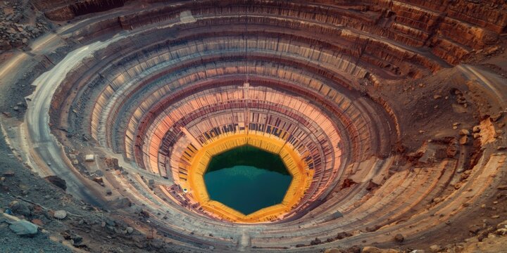 Aerial View of a Deep Mining Pit with Colorful Rock Layers and Water at the Bottom